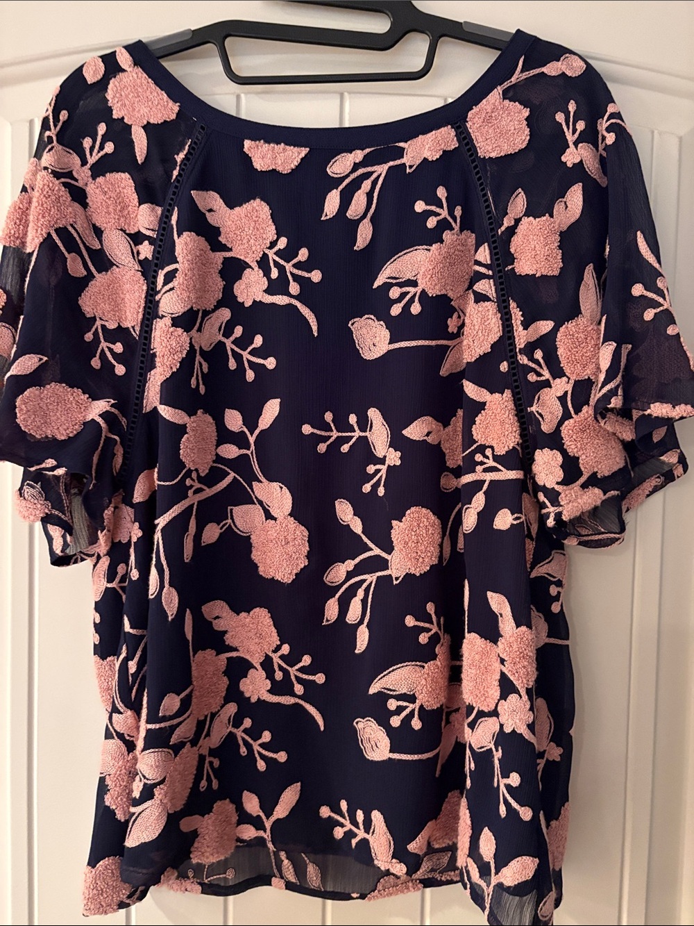Maeve Anthropologie Navy Top with Pink Floral Chenille Embroidery